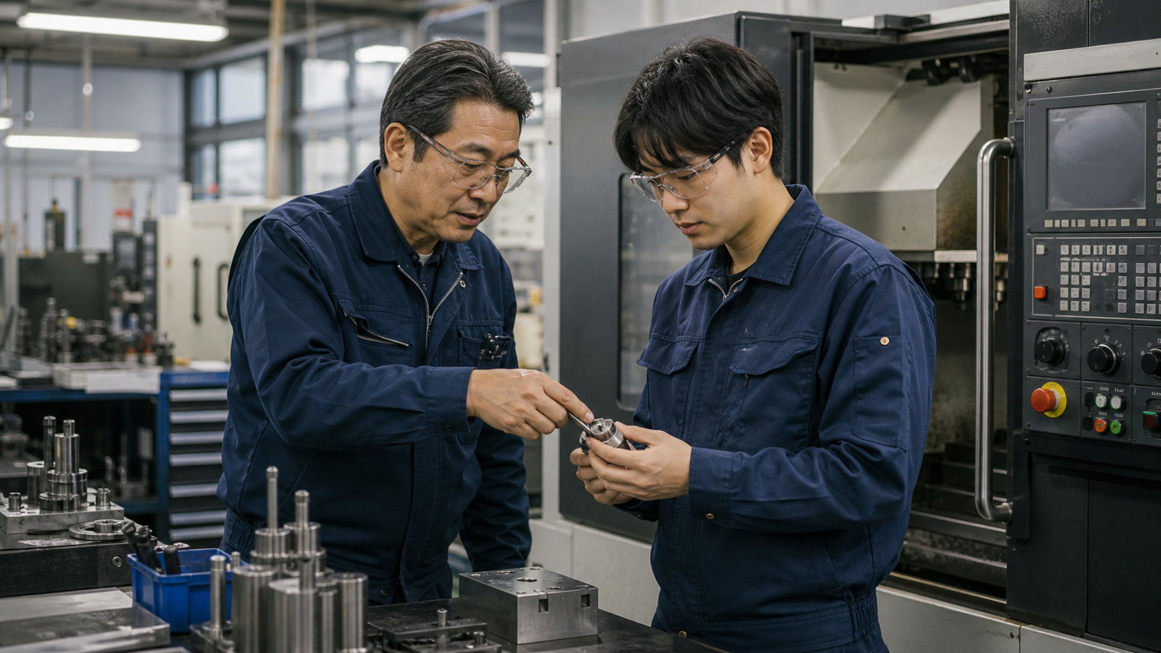 先輩作業者が若手に加工を教える様子